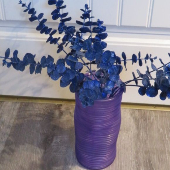 3 Faux EUCALYPTUS Branches Sparkly Blue with PURPLE Vase (K215) - Picture 1 of 7
